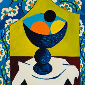 Still Life with Blue Curtains