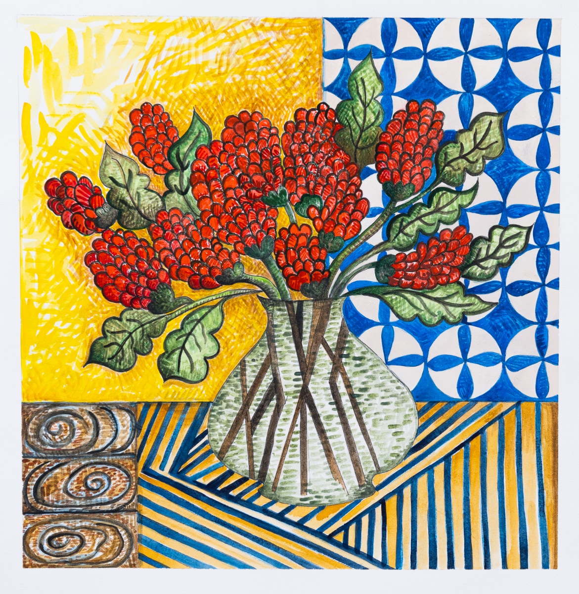 Red Flowers / Striped Cloth